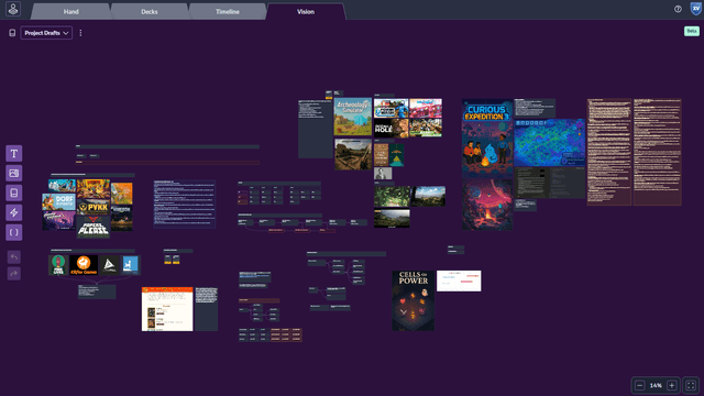 Screenshot of a Vision Board canvas showing high-level game planning