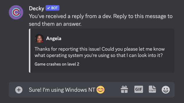Screenshot of a message from Decky