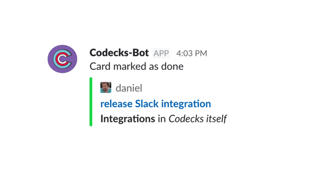 Screenshot of a Codecks notification on Slack