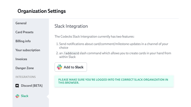 Screenshot of organization settings